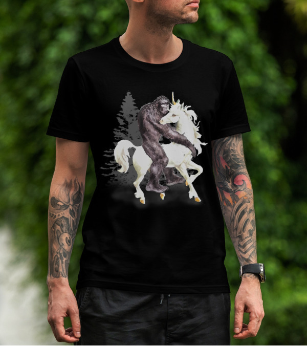Bigfoot Sasquatch On A Unicorn In Mystical Forest Scene T-Shirt