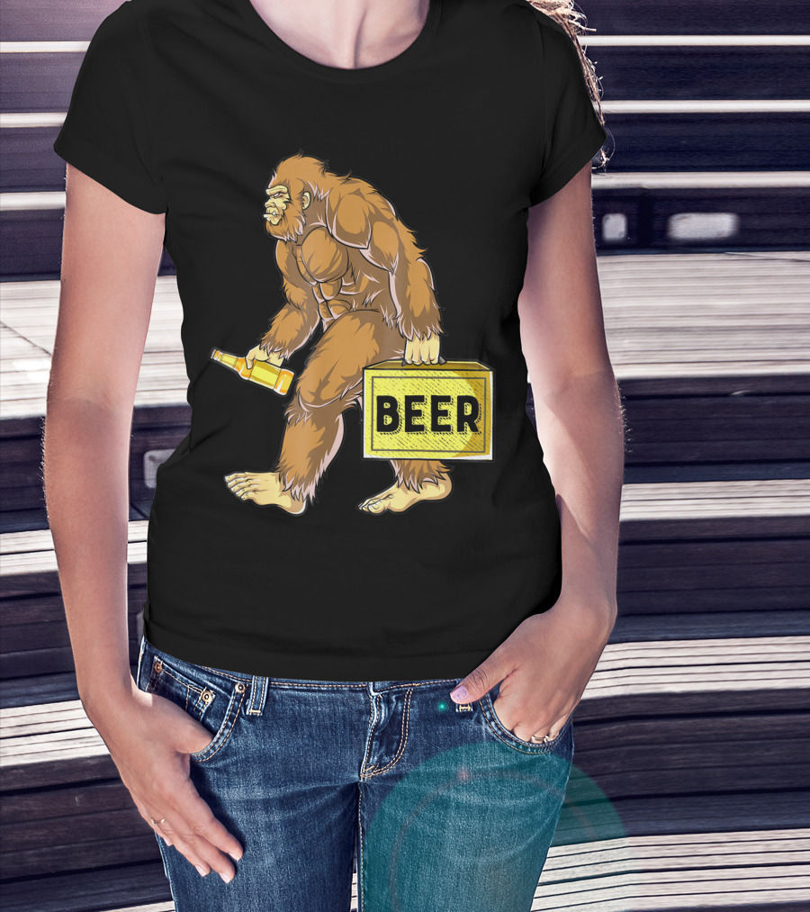 Bigfoot With Beer Funny Sasquatch Drinking Party Carrying Beer Box T-Shirt