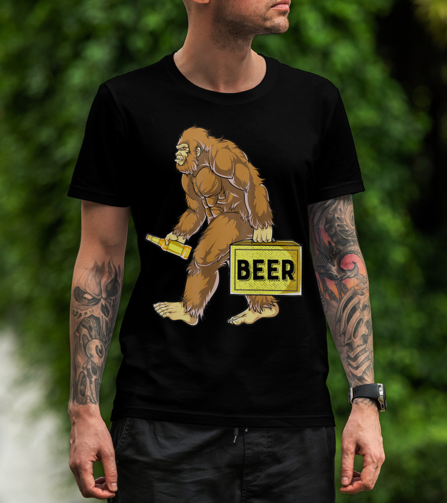Bigfoot With Beer Funny Sasquatch Drinking Party Carrying Beer Box T-Shirt