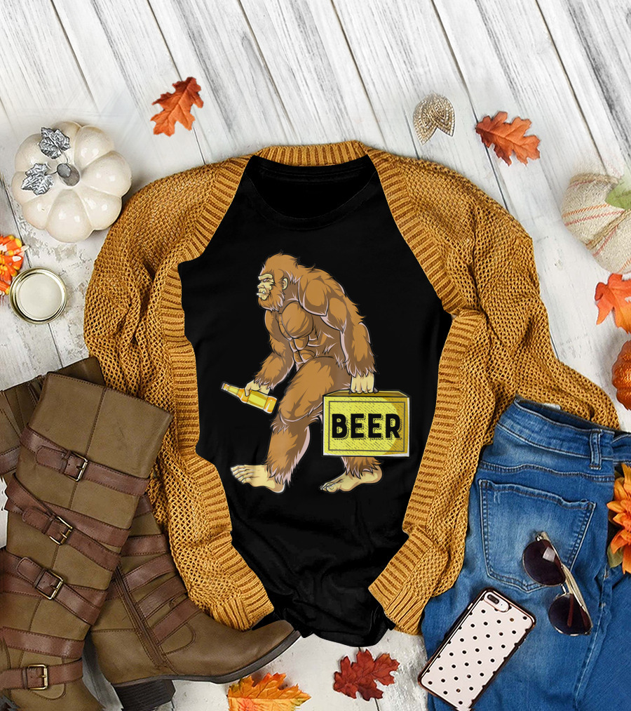 Bigfoot With Beer Funny Sasquatch Drinking Party Carrying Beer Box T-Shirt