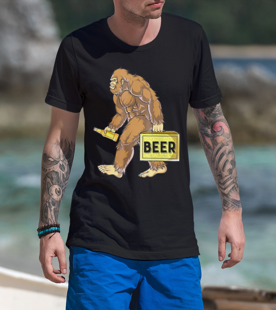 Bigfoot With Beer Funny Sasquatch Drinking Party Carrying Beer Box T-Shirt