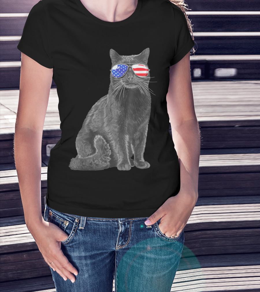 Black Cat Meowica 4th Of July American Flag Sunglasses T-Shirt