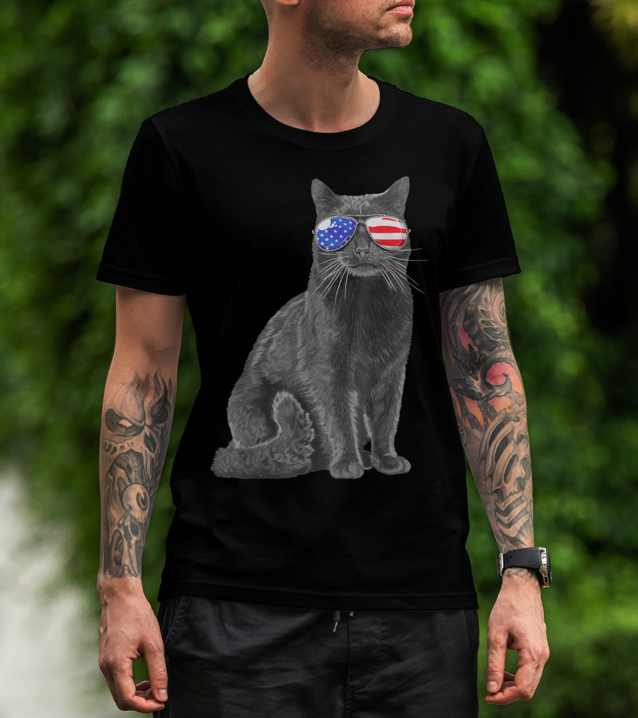 Black Cat Meowica 4th Of July American Flag Sunglasses T-Shirt