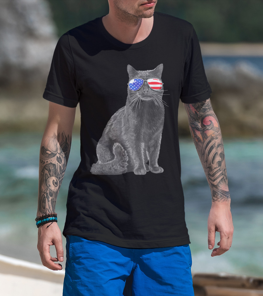 Black Cat Meowica 4th Of July American Flag Sunglasses T-Shirt