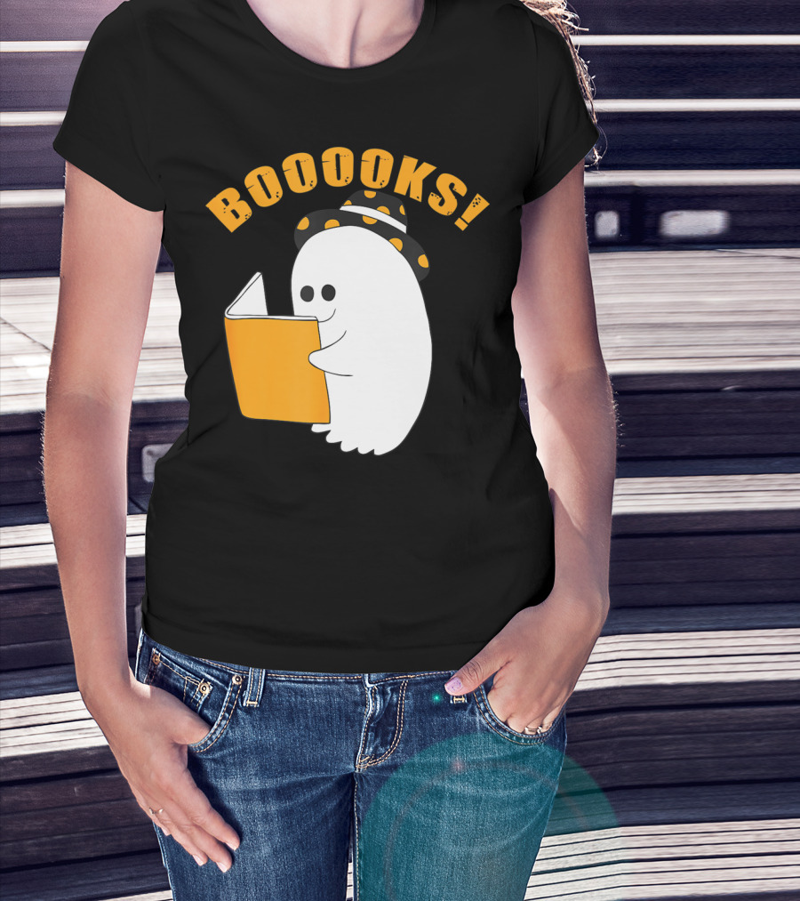 Booooks Cute Ghost Halloween Library Reading Books T-Shirt
