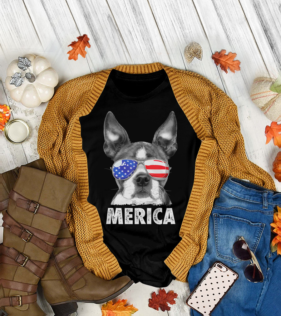 Boston Terrier Merica USA Flag 4th Of July T-Shirt