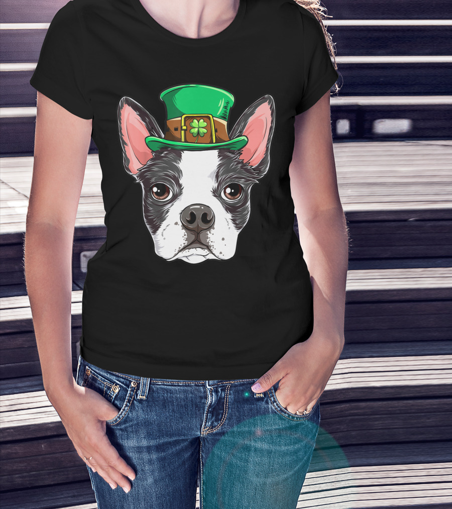 Boston Terrier St Patricks Day Leprechaun Dog With Green Hat T-Shirt
