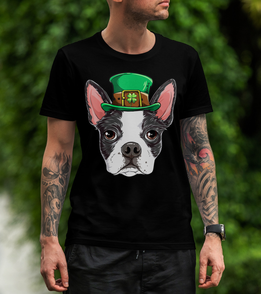 Boston Terrier St Patricks Day Leprechaun Dog With Green Hat T-Shirt