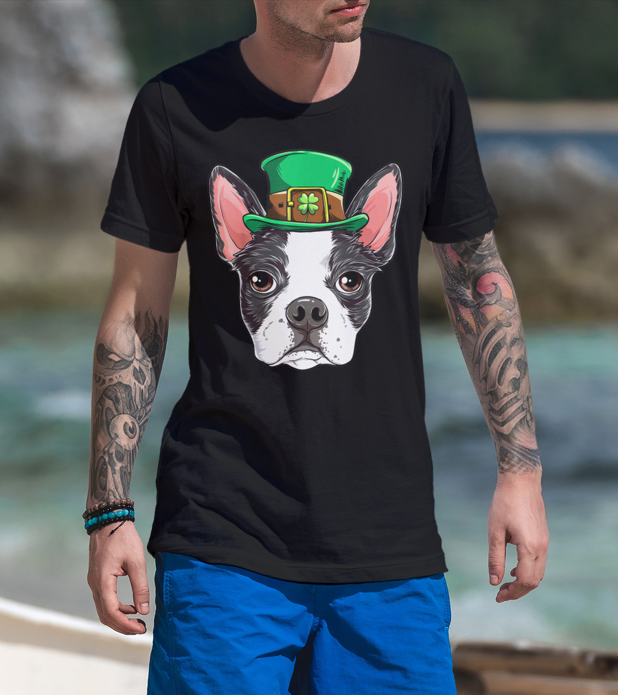 Boston Terrier St Patricks Day Leprechaun Dog With Green Hat T-Shirt