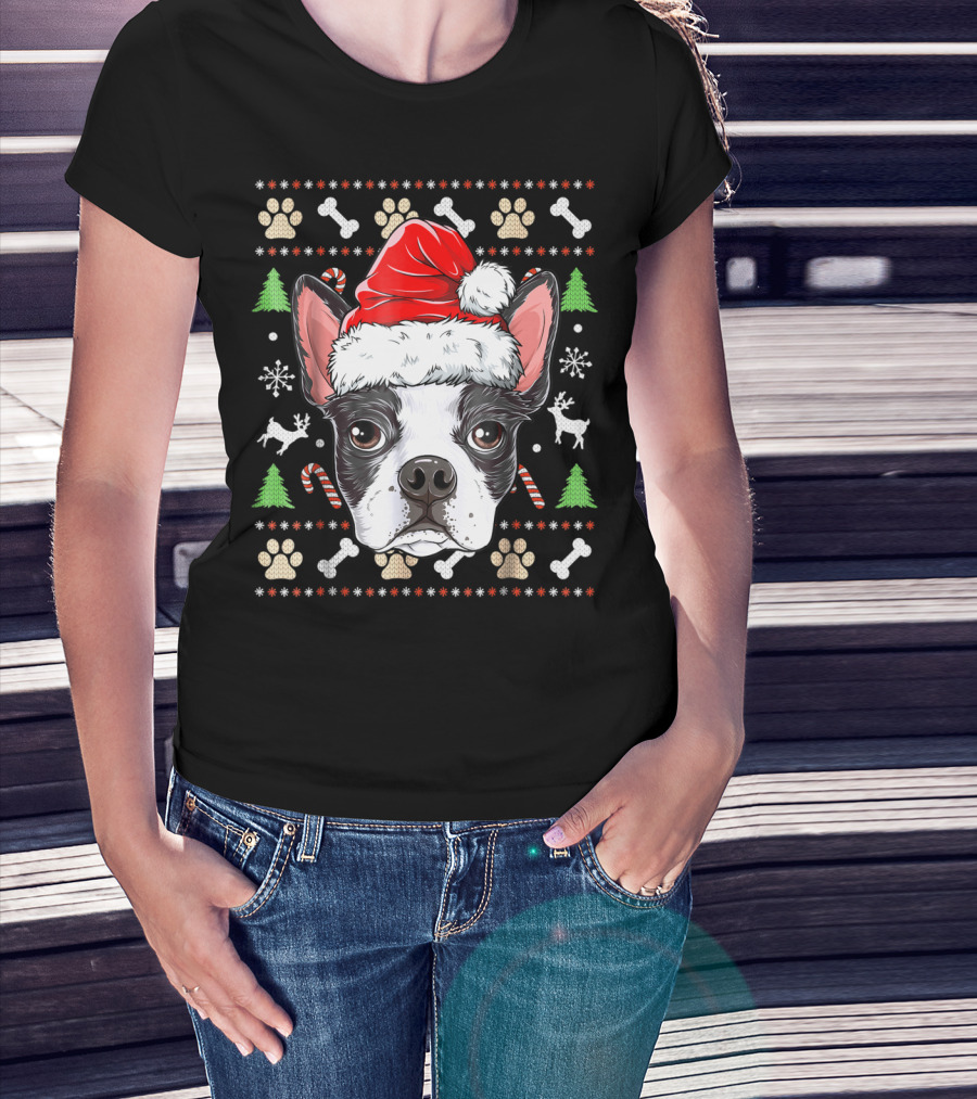Boston Terrier Christmas Santa Hat Dog With Bones And Tree T-Shirt
