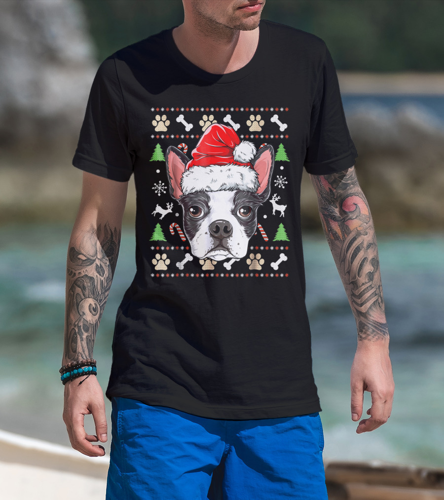 Boston Terrier Christmas Santa Hat Dog With Bones And Tree T-Shirt