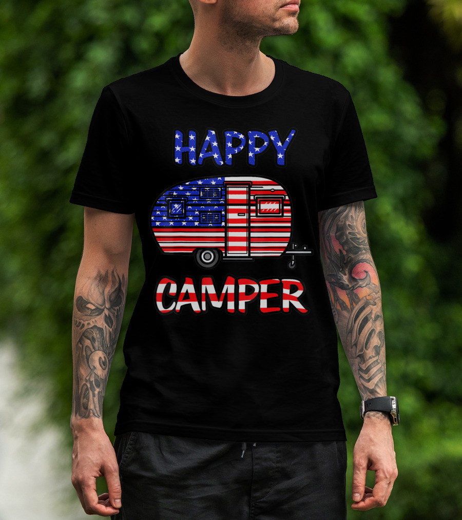 Happy Camper American Flag 4th Of July Camping T-Shirt