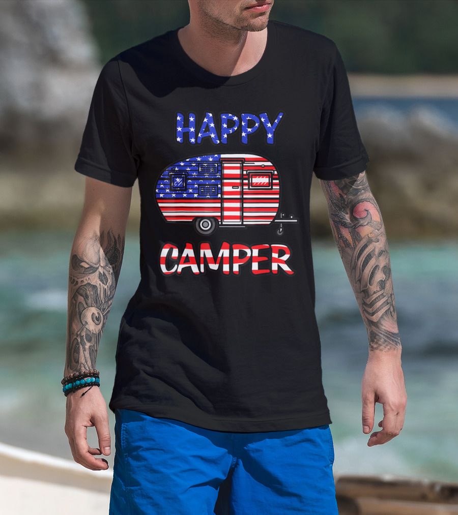 Happy Camper American Flag 4th Of July Camping T-Shirt