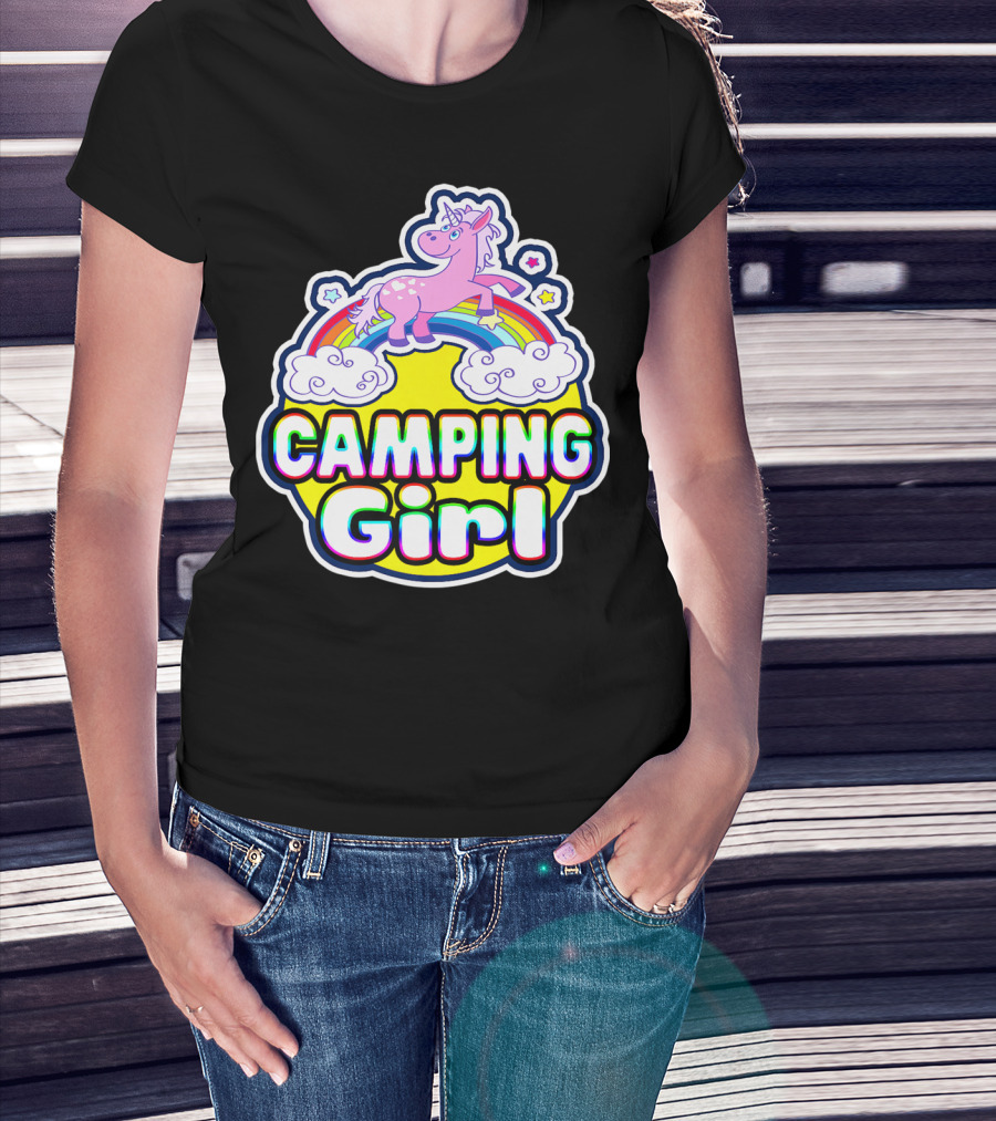 Camping Girl Rainbow Unicorn Cloud Adventure T-Shirt