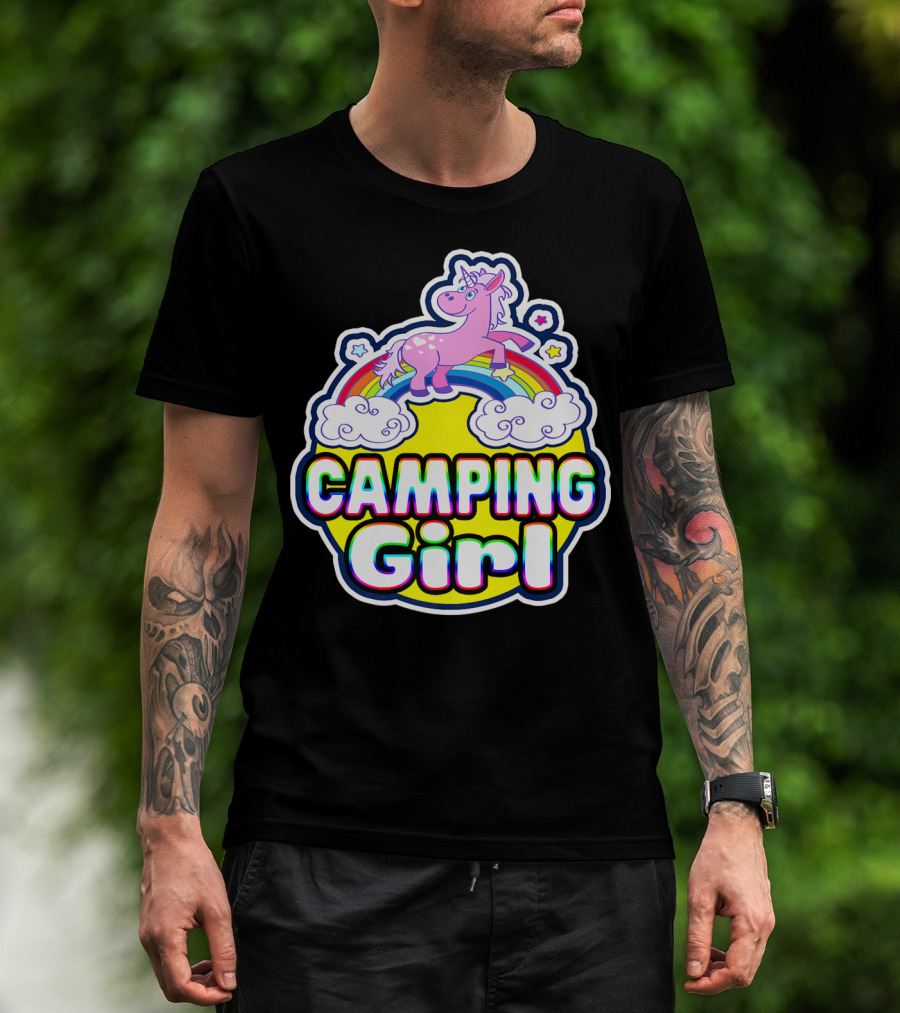 Camping Girl Rainbow Unicorn Cloud Adventure T-Shirt