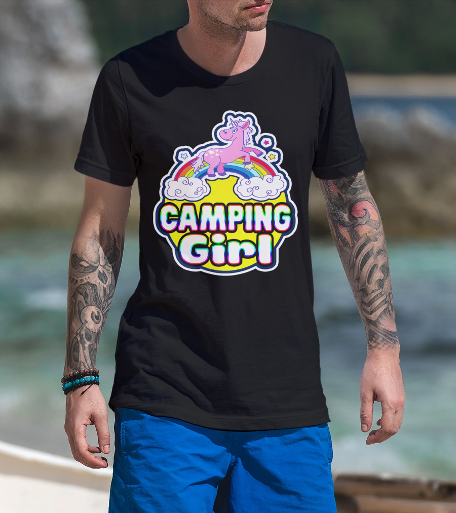 Camping Girl Rainbow Unicorn Cloud Adventure T-Shirt