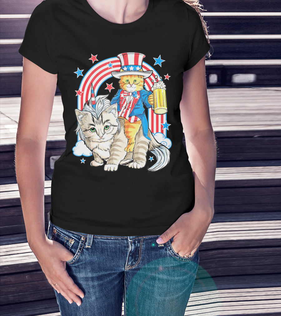 Uncle Sam Caticorn With Beer Meowica 4th Of July Merica Women T-Shirt