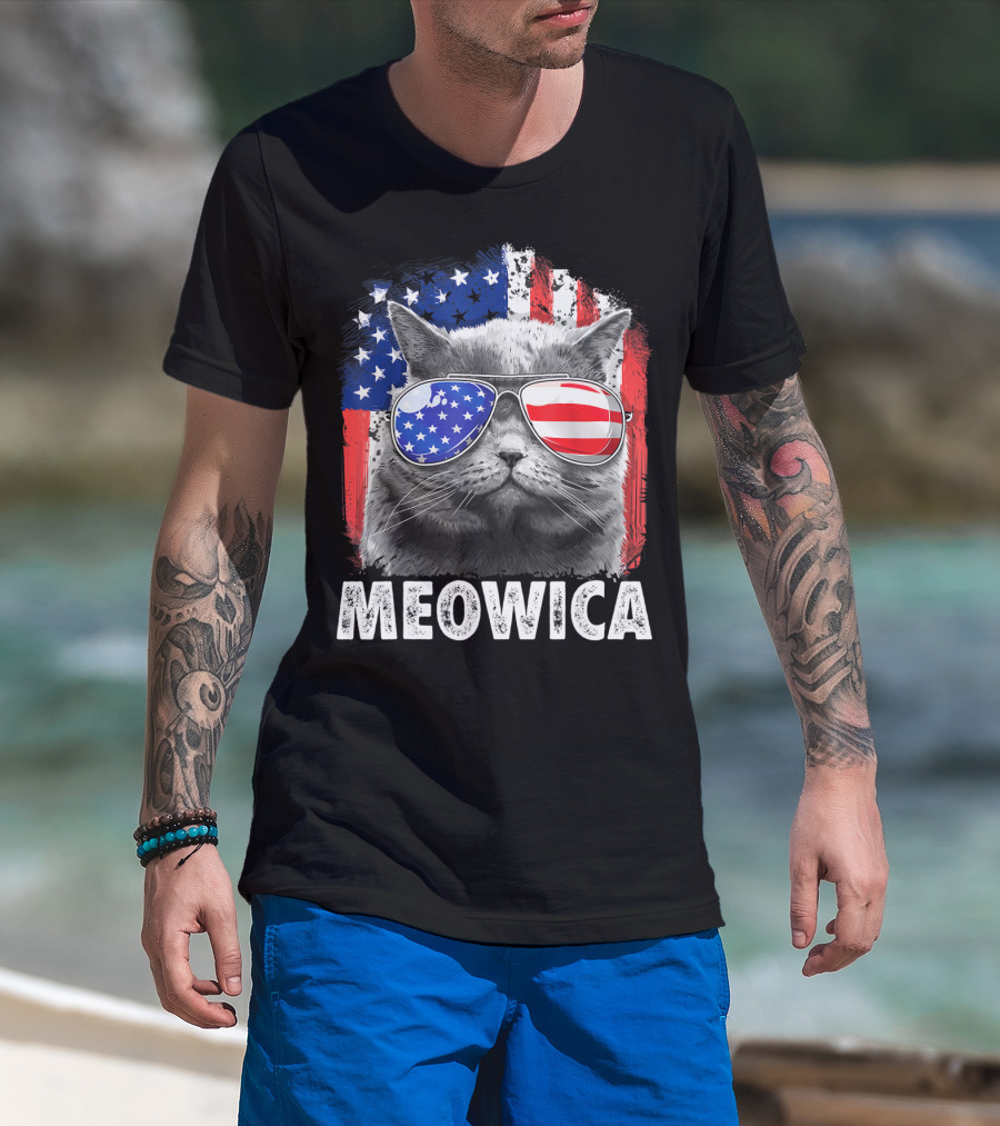Meowica Cat USA American Flag Sunglasses 4th Of July Merica T-Shirt