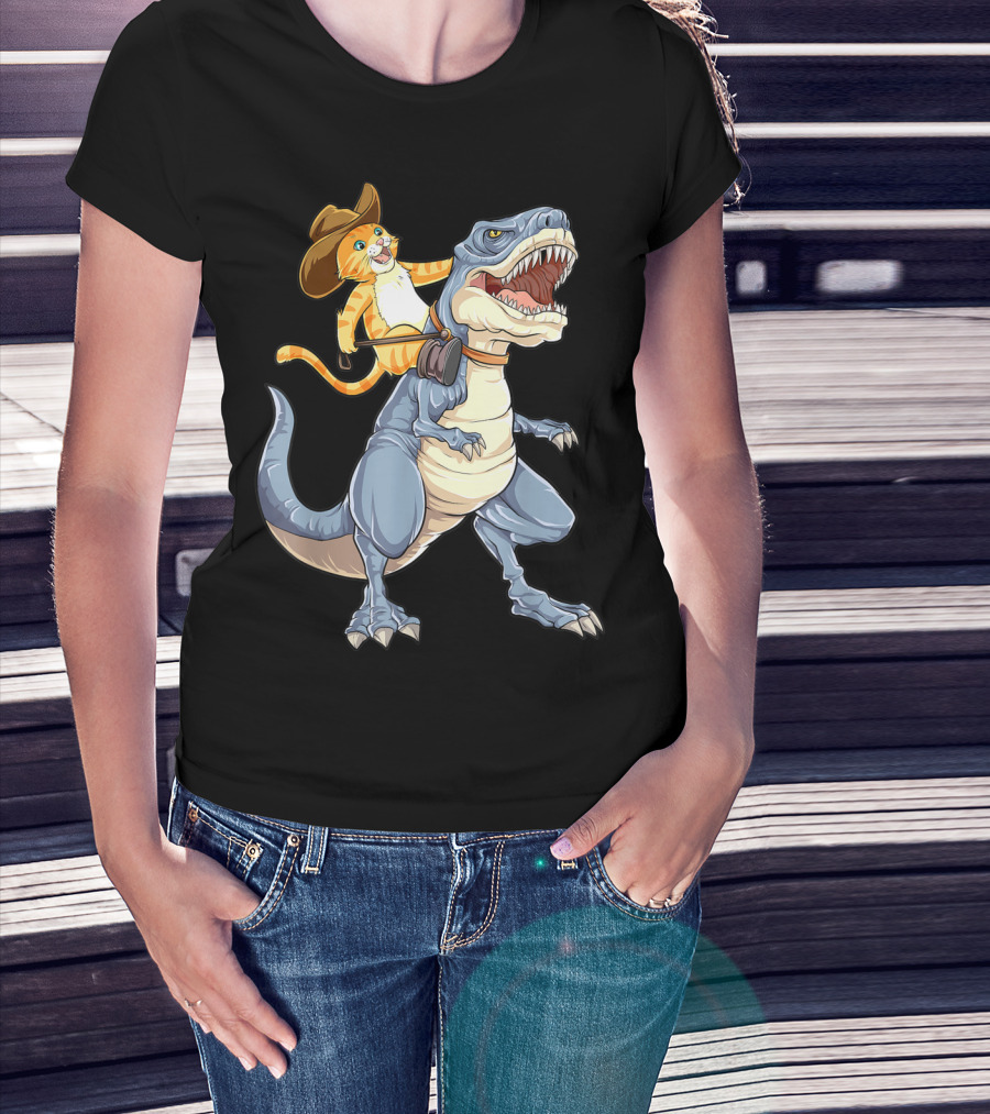Cat In Cowboy Hat Riding Dinosaur Rex Purrassic Kitty Dino T-Shirt