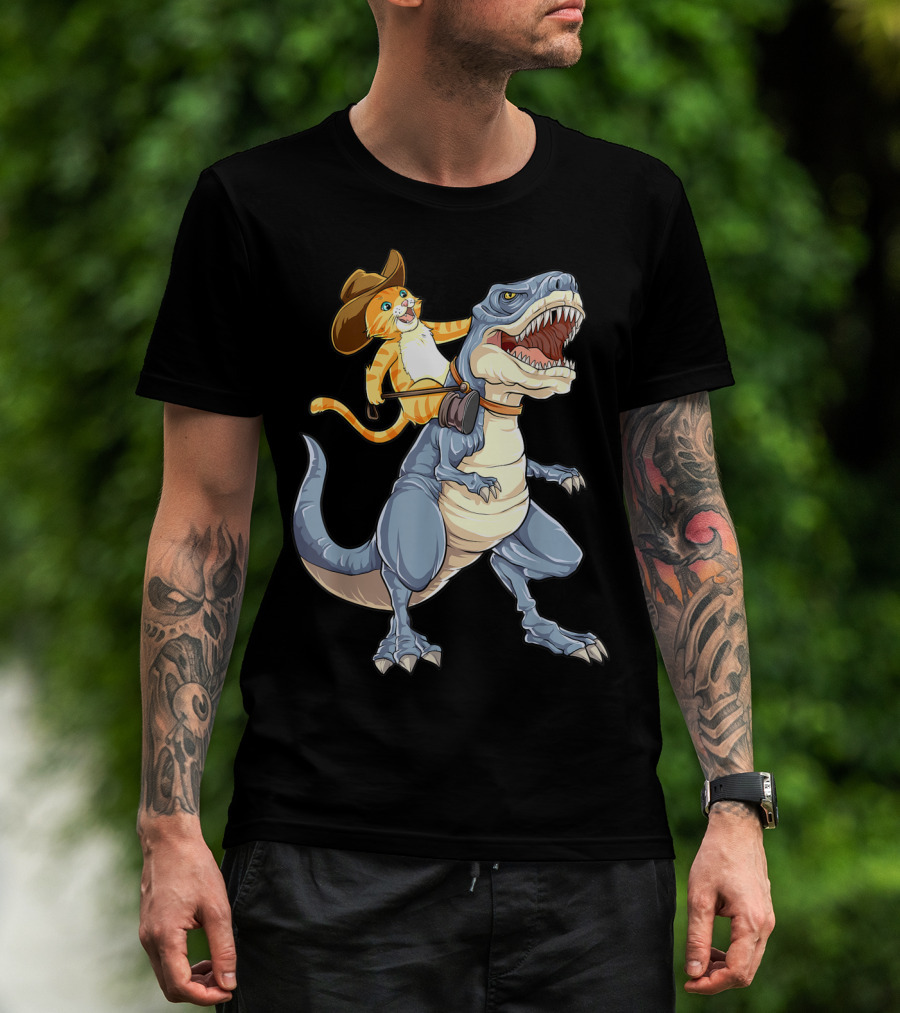 Cat In Cowboy Hat Riding Dinosaur Rex Purrassic Kitty Dino T-Shirt