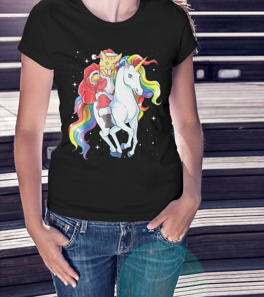 Meowy Cat Santa Riding Rainbow Unicorn Christmas Girls Women T-Shirt