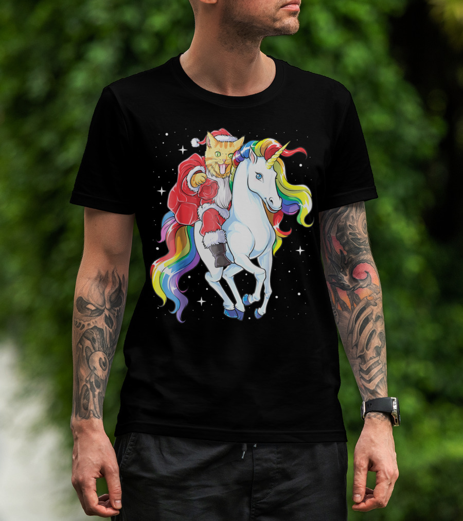 Meowy Cat Santa Riding Rainbow Unicorn Christmas Girls Women T-Shirt