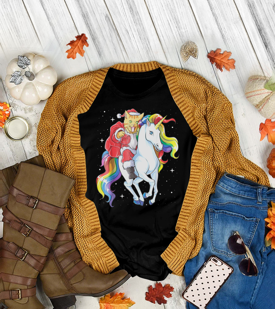 Meowy Cat Santa Riding Rainbow Unicorn Christmas Girls Women T-Shirt