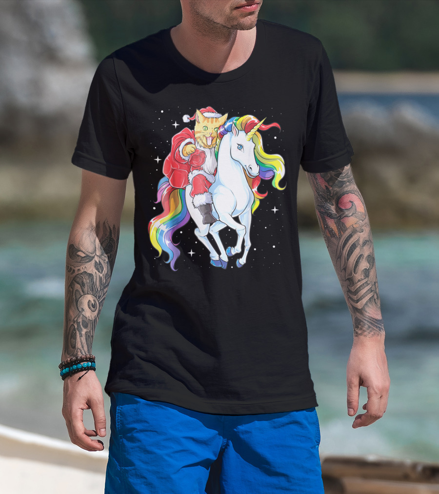 Meowy Cat Santa Riding Rainbow Unicorn Christmas Girls Women T-Shirt