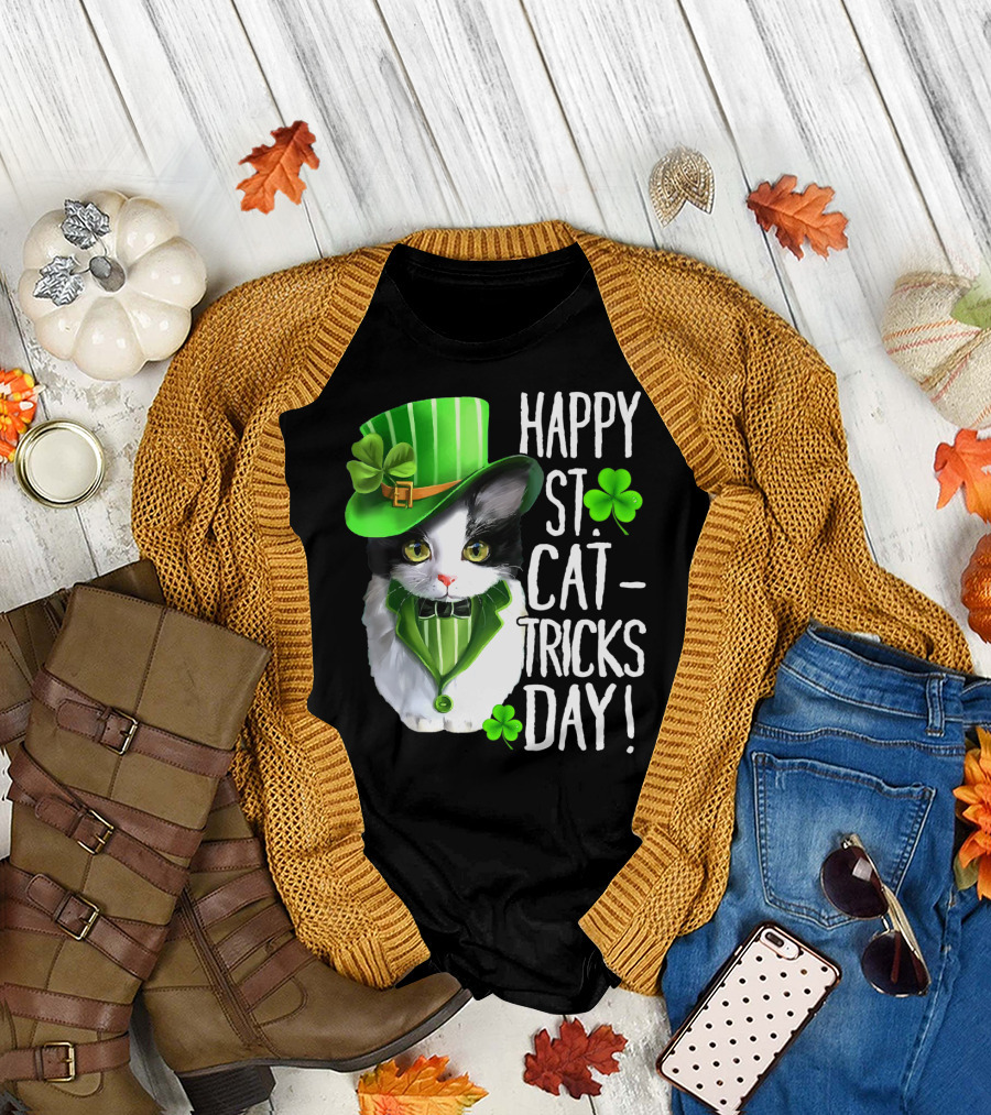 Happy St. Cat-Tricks Day Leprechaun Cat Shamrock T-Shirt