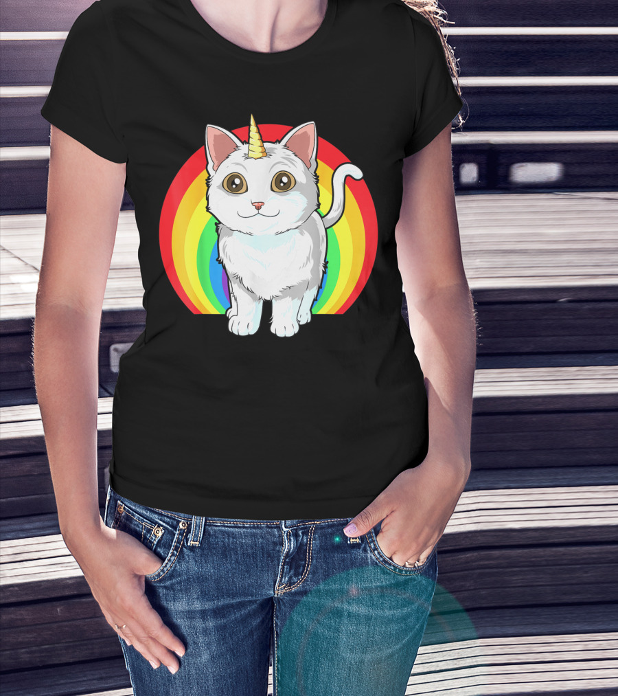 Rainbow Cat Unicorn Horn Kitten T-Shirt