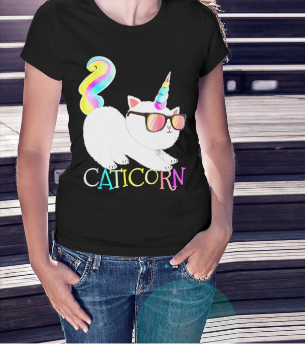 Caticorn Rainbow Unicorn Cat Girls Sunglasses Colorful Mane T-Shirt