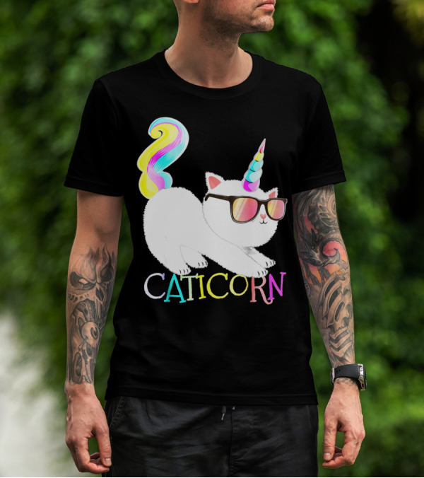 Caticorn Rainbow Unicorn Cat Girls Sunglasses Colorful Mane T-Shirt