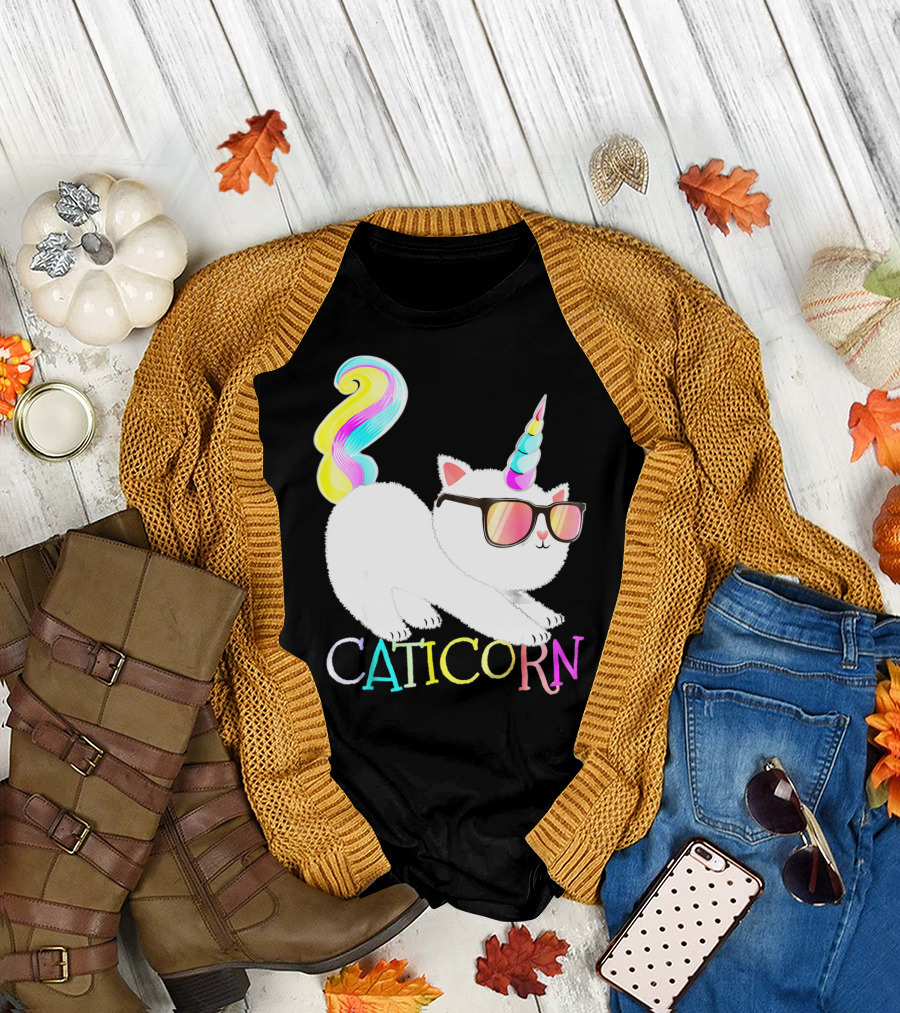Caticorn Rainbow Unicorn Cat Girls Sunglasses Colorful Mane T-Shirt
