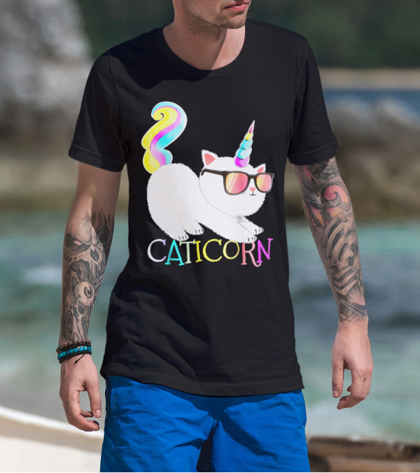 Caticorn Rainbow Unicorn Cat Girls Sunglasses Colorful Mane T-Shirt
