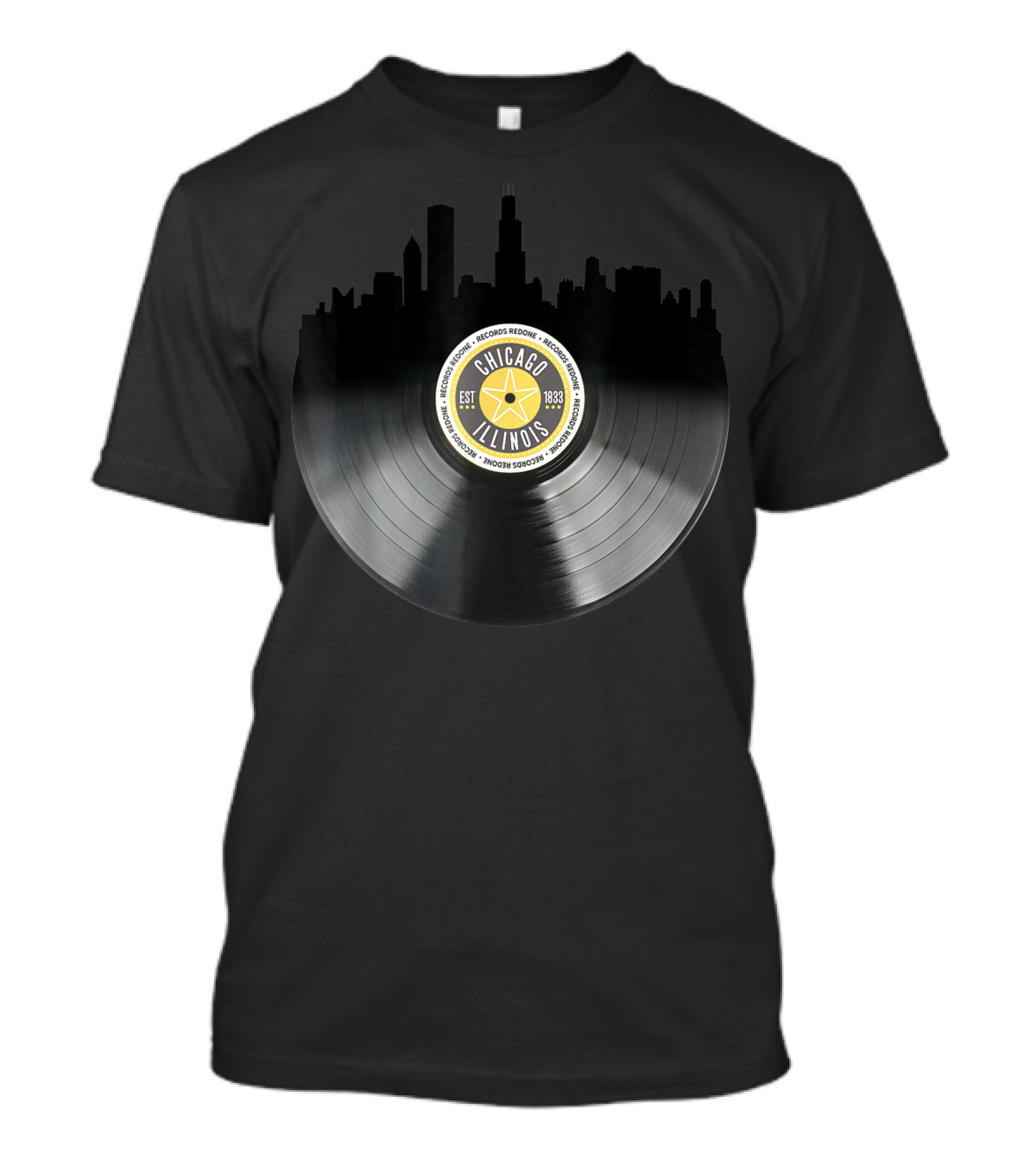 Chicago Illinois Vinyl Record Skyline EST 1833 T-Shirt