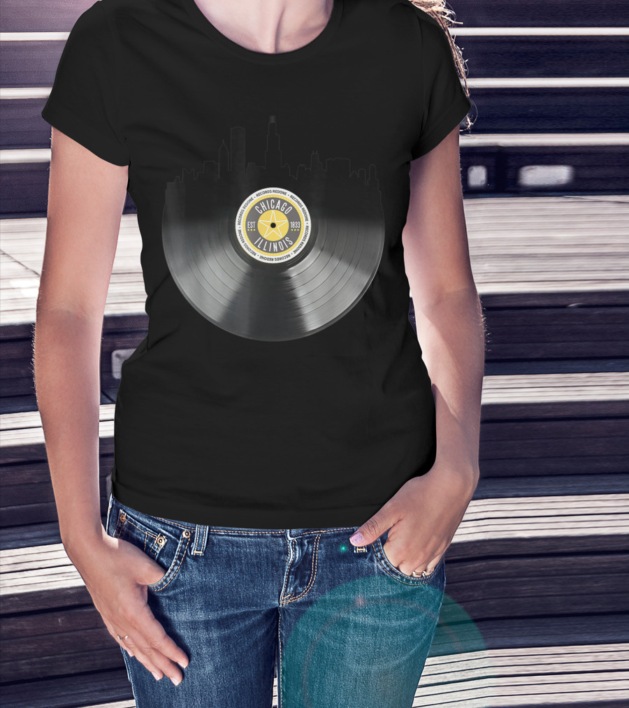 Chicago Illinois Vinyl Record Skyline EST 1833 T-Shirt