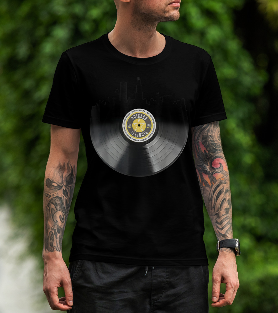Chicago Illinois Vinyl Record Skyline EST 1833 T-Shirt