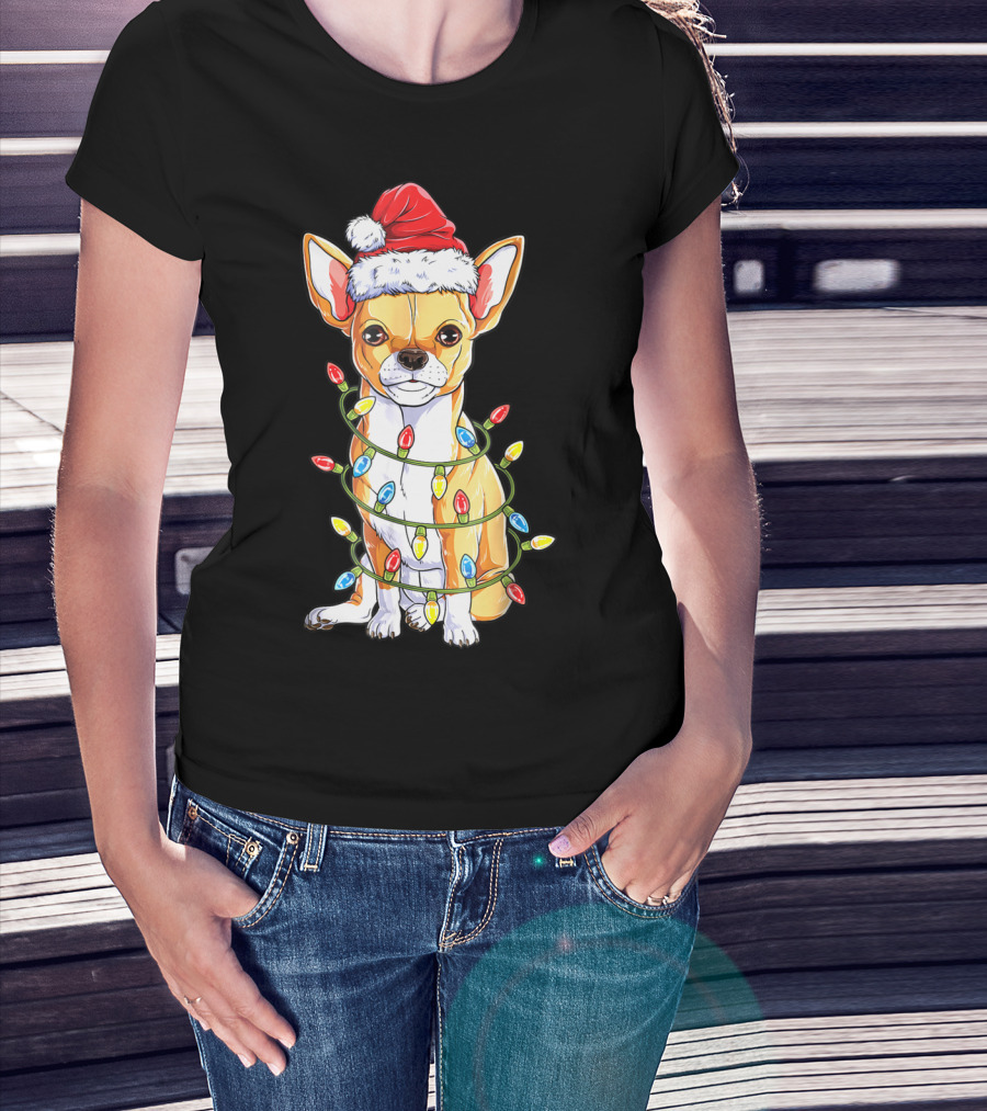 Chihuahua Christmas Santa Hat Holiday Lights Dog T-Shirt