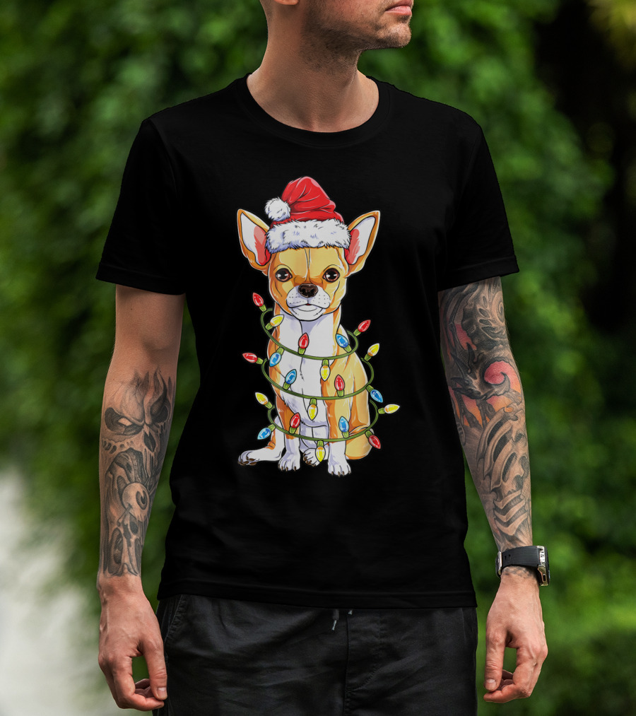 Chihuahua Christmas Santa Hat Holiday Lights Dog T-Shirt