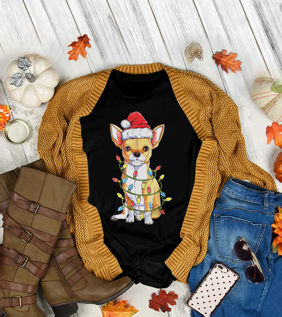 Chihuahua Christmas Santa Hat Holiday Lights Dog T-Shirt
