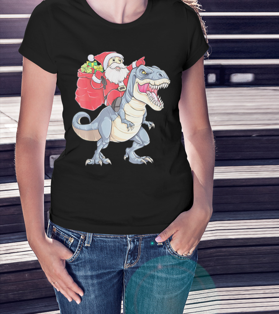 Christmas Santa Riding Dinosaur Rex With Presents T-Shirt