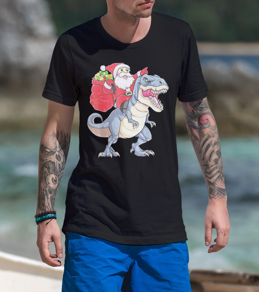 Christmas Santa Riding Dinosaur Rex With Presents T-Shirt