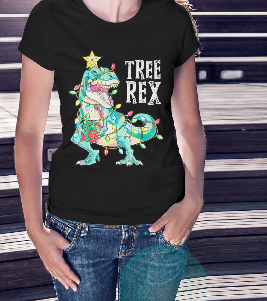 Tree Rex Christmas Kids Dinosaur Lights T-Shirt