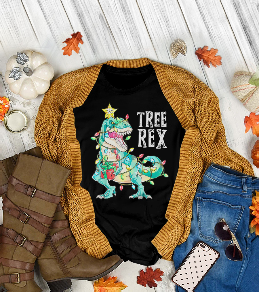 Tree Rex Christmas Kids Dinosaur Lights T-Shirt