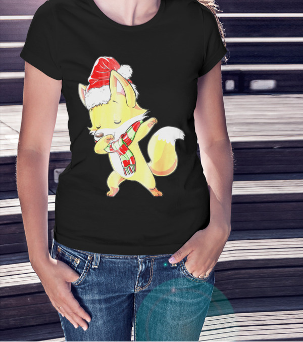 Christmas Fox Dabbing In Santa Hat And Scarf T-Shirt
