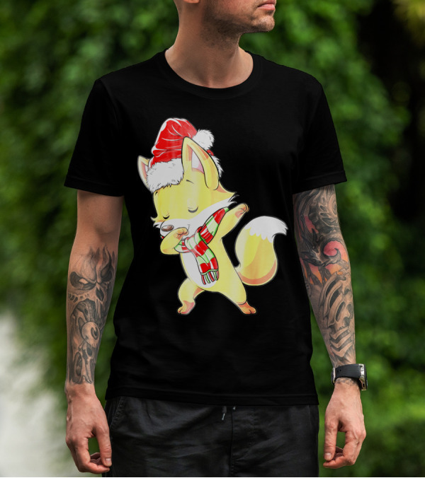 Christmas Fox Dabbing In Santa Hat And Scarf T-Shirt