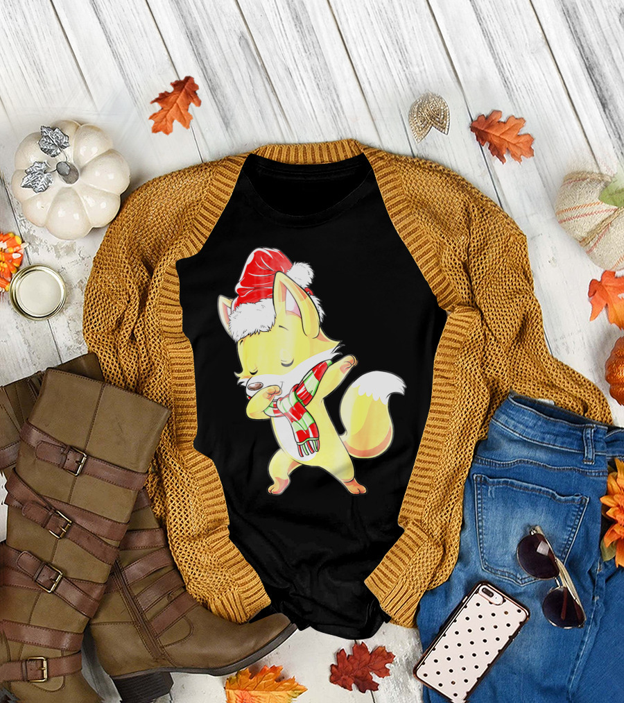 Christmas Fox Dabbing in Santa Hat and Scarf T-Shirt