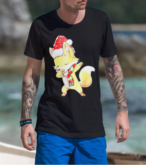 Christmas Fox Dabbing In Santa Hat And Scarf T-Shirt