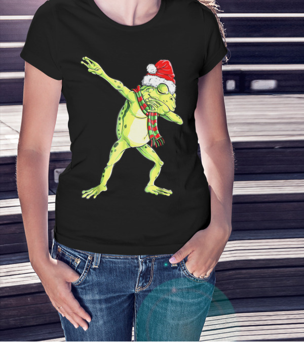 Dabbing Frog With Santa Hat And Scarf Christmas T-Shirt