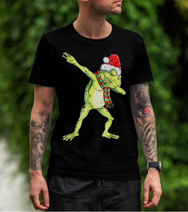Dabbing Frog With Santa Hat And Scarf Christmas T-Shirt
